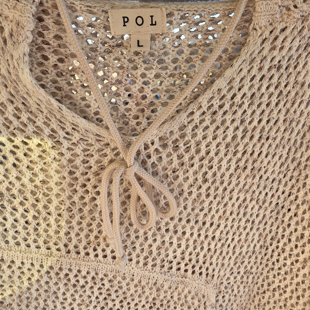 POL V-neck Beige Open Knit Hooded Lightweight Pullover Layering Cover Up Size Lg